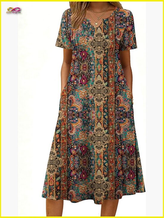 Dresses & Skirts - Casual Short Sleeve A-Line Midi Dress With Pockets Flowy Pleated T-Shirt Dress